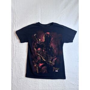 Marvel Deadpool T-Shirt Black‎ Flames Short Sleeve Shirt Mens Small *